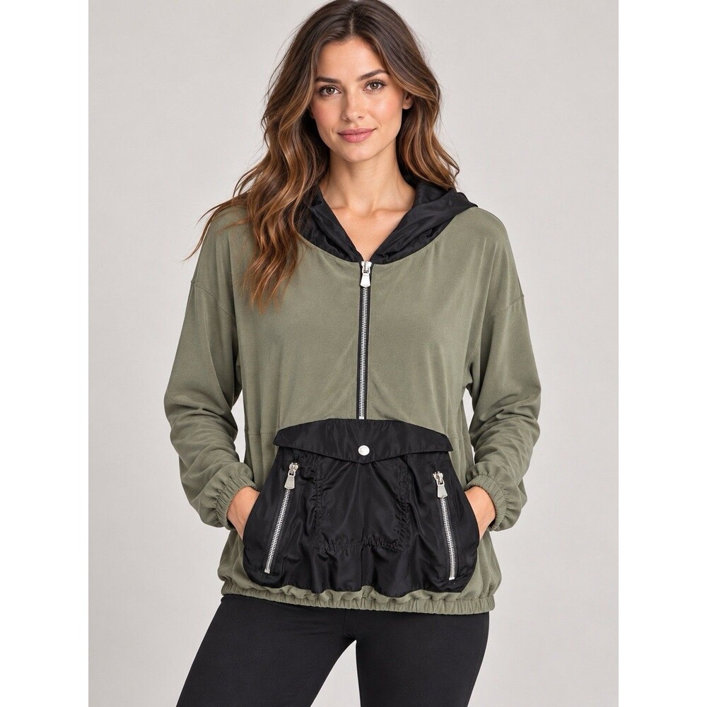 Anatomie Women’s S Olive Black Hooded Half Zip Pullover Utility Pocket E
